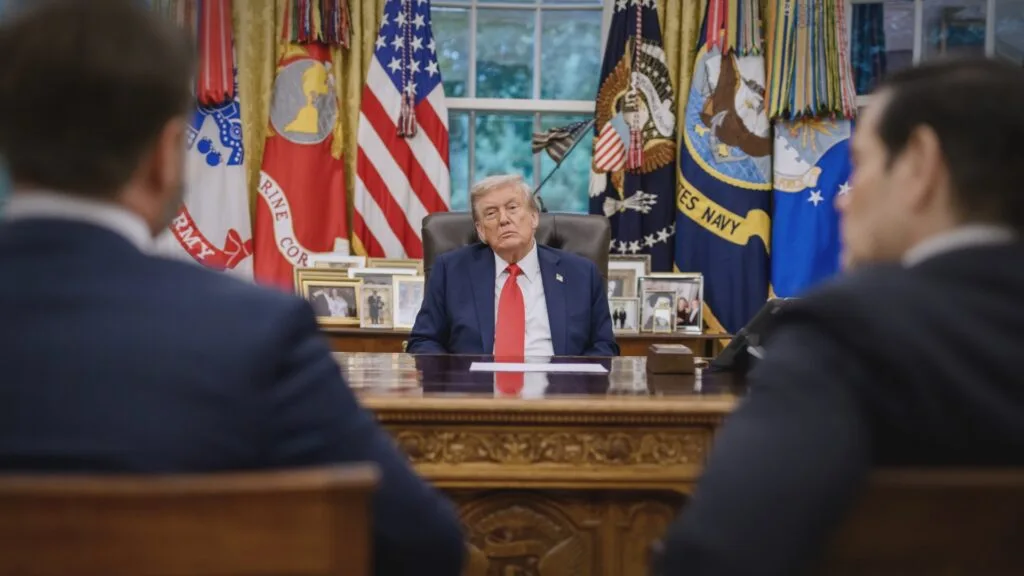 An image of President Donald Trump that appears in the FRONTLINE documentary 'The War Cabinet.'
