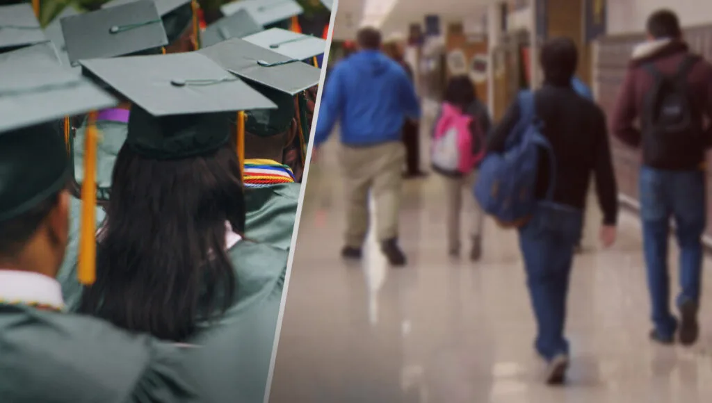 Two side-by-side images. On the left, a shot of students wearing graduation caps and gowns pictured from the back. On the right, students walking down a school hallway with backpacks on their backs.