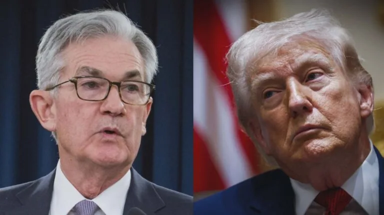 A composite image of Fed Chair Jerome Powell (L) and President Donald Trump (R). The FRONTLINE documentary "The President vs. the Fed" examines Trump's attempts to assert control over the Federal Reserve, and the implications for the economy.
