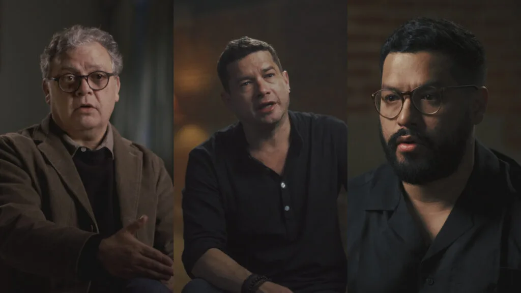 (L-R) El Faro editor-in-chief Carlos Dada and El Faro journalists Carlos Martínez and Óscar Martínez, pictured in stills from 'The Deal: Trump, Bukele & the Gangs of El Salvador.'
