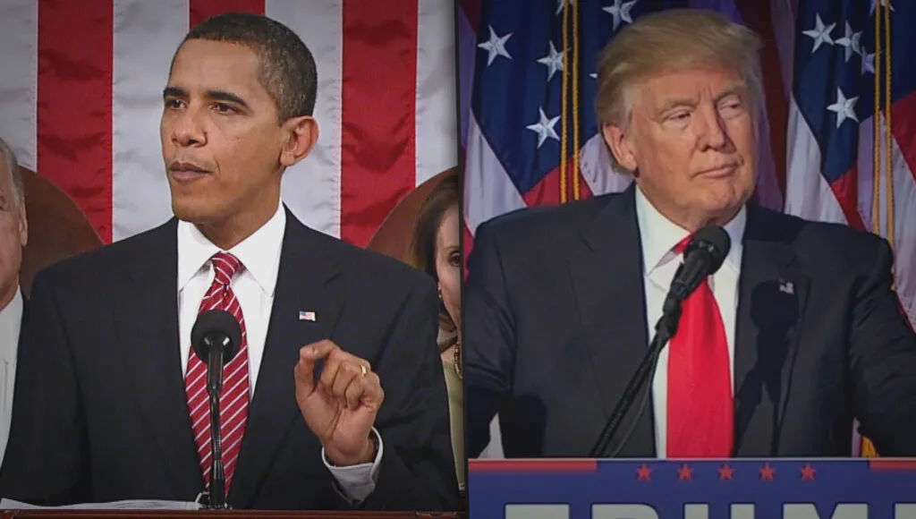 Barack Obama at a lectern with an American flag behind him on the left side of the image. Donald Trump at a lectern with an American flag behind him on the right side of the image.