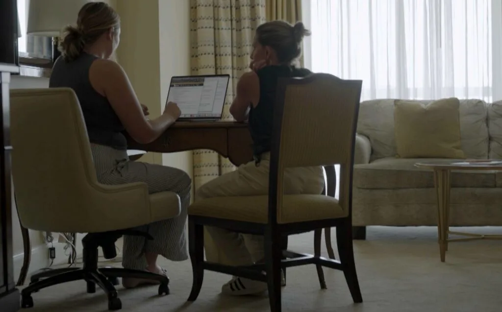 Kelsey Vander Vliet Ranyard, who works for a nonprofit that tracks agencies and brokers that solicit pregnant women, talks with 'Baby Brokers' correspondent Gabrielle Glaser in an image from the documentary.
