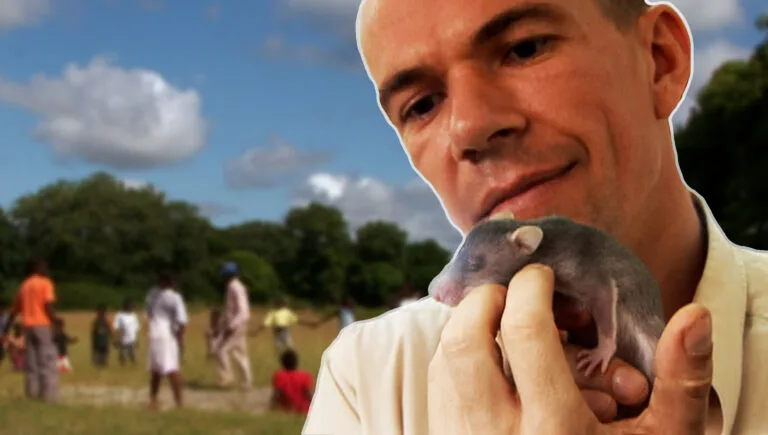 Bart Weetjens with a baby African giant pouched rat, in a composite image drawn from visuals that appear in the 2007 short documentary 'Tanzania: Hero Rats.' The documentary traces how Weetjens trained rats to sniff out deadly landmines and save lives.