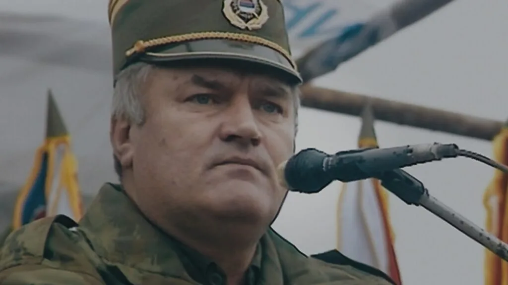 An image of Ratko Mladić that appears in FRONTLINE's 2019 documentary chronicling his historic war crimes trial.