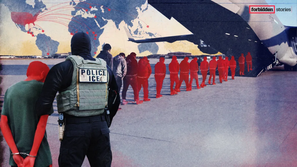 A graphic illustration that shows a line of people with restraints on their arms and legs walking into the back of a plane. In the foreground, another is being held by a man wearing an ICE uniform.