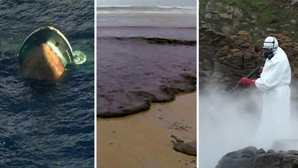 A composite of three images that appear in "Spain: The Lawless Sea," a 2004 documentary on the 2002 Prestige oil spill disaster.