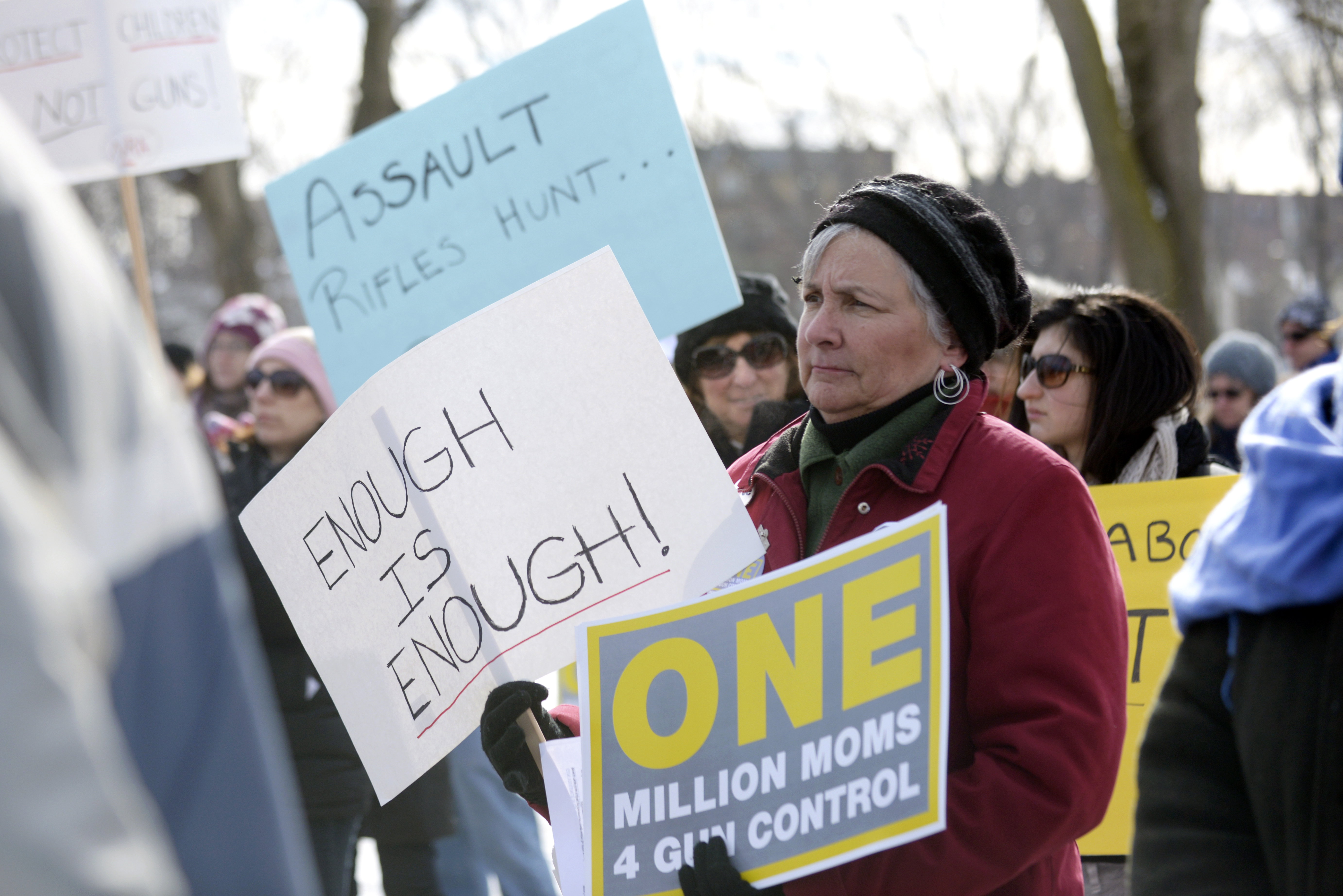 Participants demonstrate during a rally organized by New Jersey Chapter of Million Moms for Gun Control in support of tougher gun-control laws, one of a series of such rallies across the nation, Saturday, Jan. 26, 2013, in Jersey City, N.J. (AP Photo/The Record (Bergen County), Viorel Florescu)