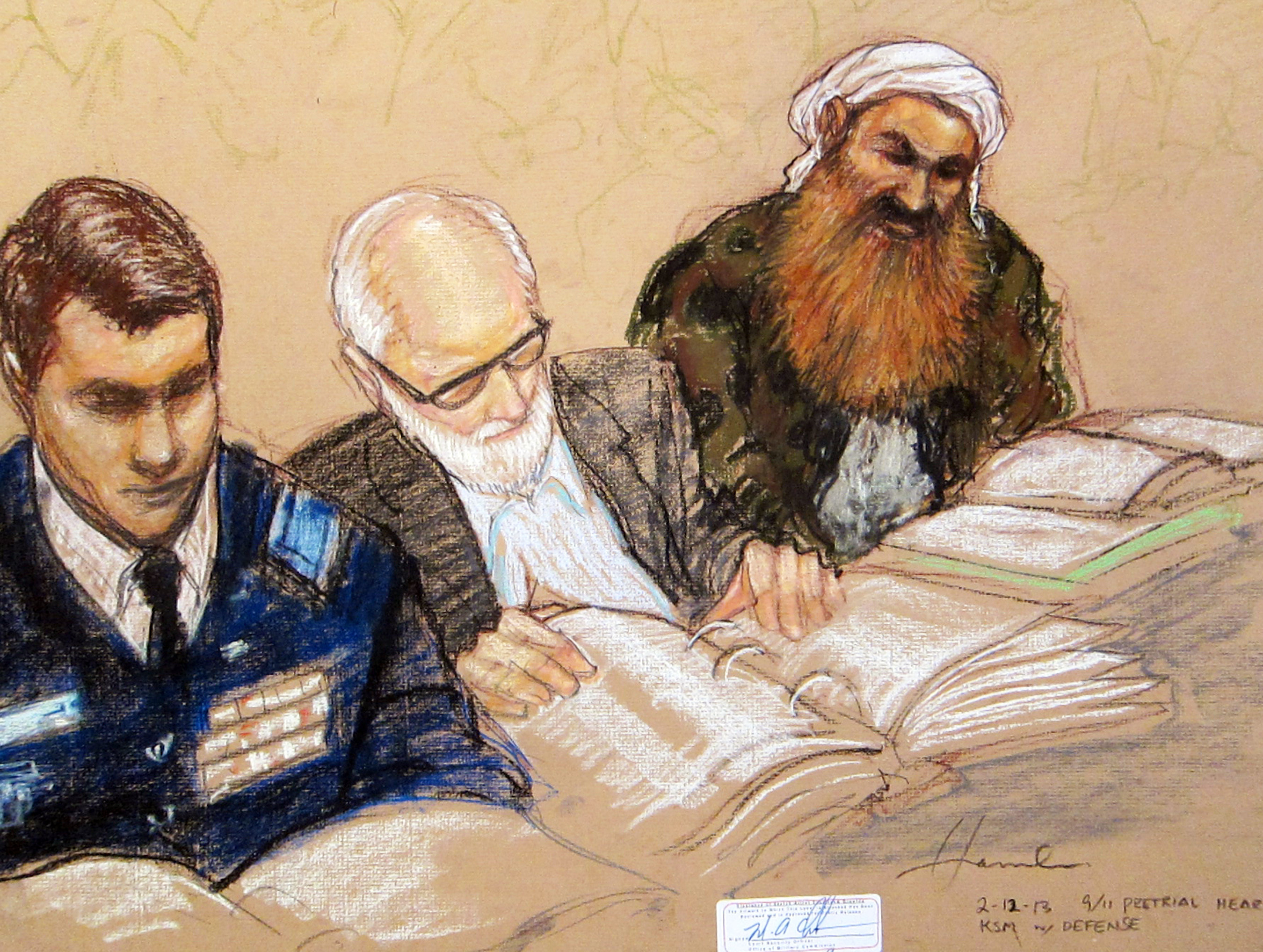 In this pool photo of a sketch by courtroom artist Janet Hamlin and reviewed by the U.S. Department of Defense, the self-proclaimed terrorist mastermind Khalid Sheikh Mohammed, right, reviews court documents with his lawyers during the pre-trial hearing of the death penalty case against the five Sept. 11 attack suspects at the Guantanamo Bay U.S. Naval Base in Cuba, Tuesday, Feb. 12, 2013. U.S. Navy Capt. Thomas Welsh, a senior official for the Guantanamo Bay prison said under questioning Tuesday that the government had placed a hidden microphone inside a meeting room but that he was assured it was not used to monitor the private conversations that prisoners have with their lawyers and the Red Cross. (AP Photo/Janet Hamlin, Pool)