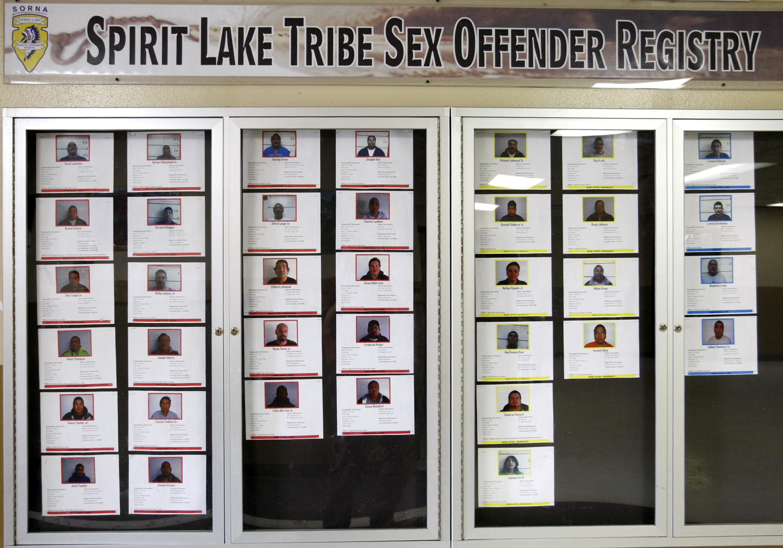 This display case in the Fort Totten (N.D.) Recreation Center shows 36 sex offenders who live in the area as of Tuesday, Sept. 11, 2012. The Bureau of Indian Affairs plans to take control of social service programs for the Spirit Lake Tribe following criticism that the tribe has failed to protect endangered children, U.S. Sen. John Hoeven's office said. (AP Photo/The Forum, Michael Vosburg)