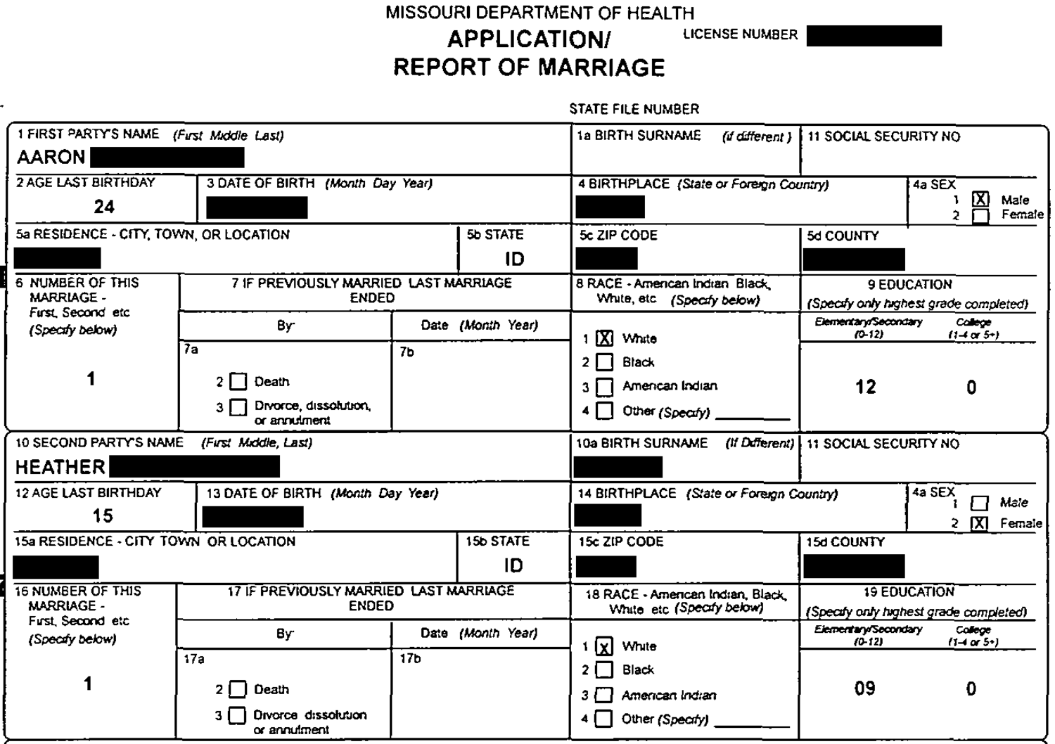 A copy of Heather and Aaron’s marriage license application from the Missouri Department of Health.