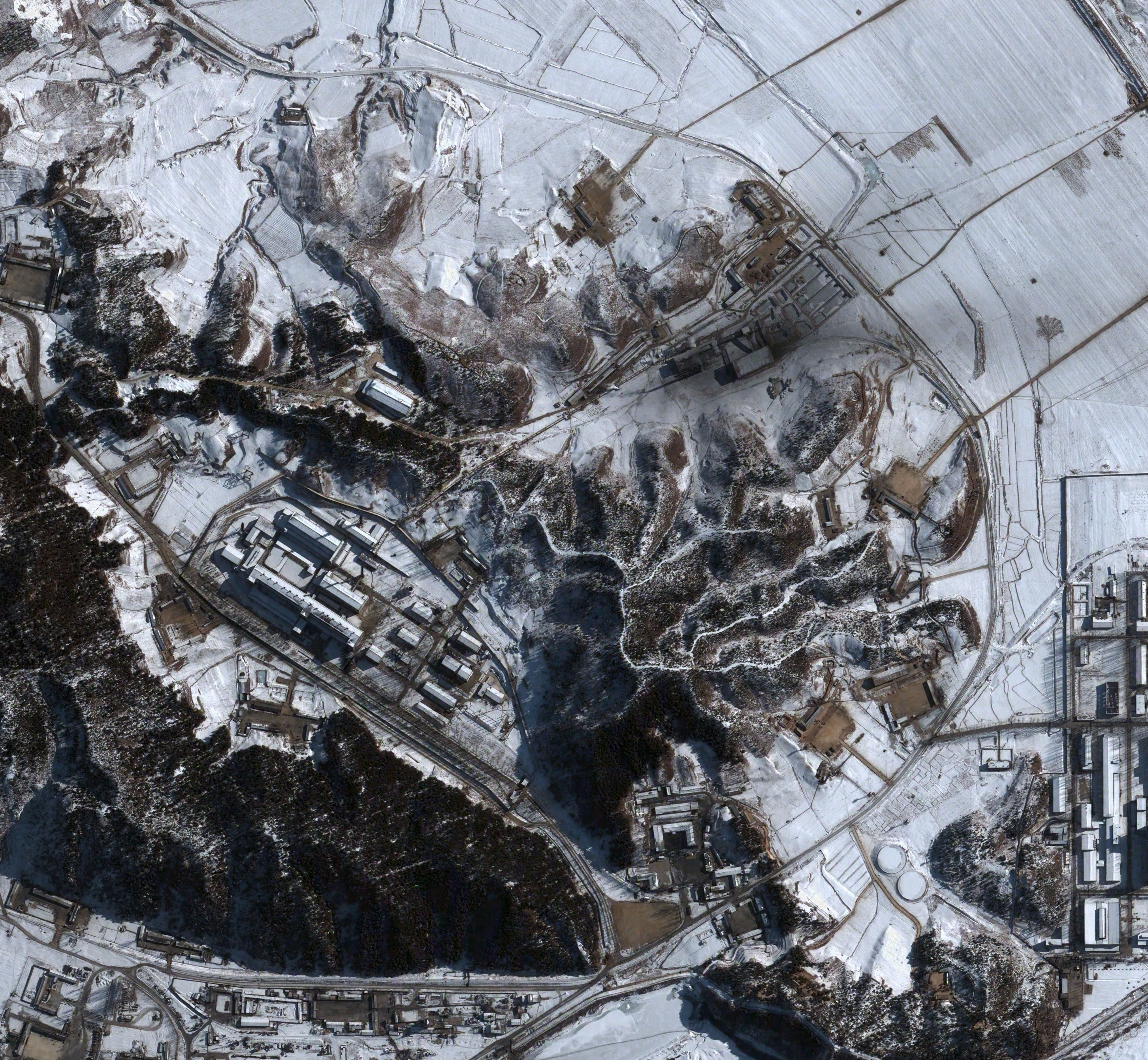 A satellite image of the coal fire steam plant and reprocessing facility of North Korea's Yongbyon Nuclear Scientific Research Center taken in January 2003.