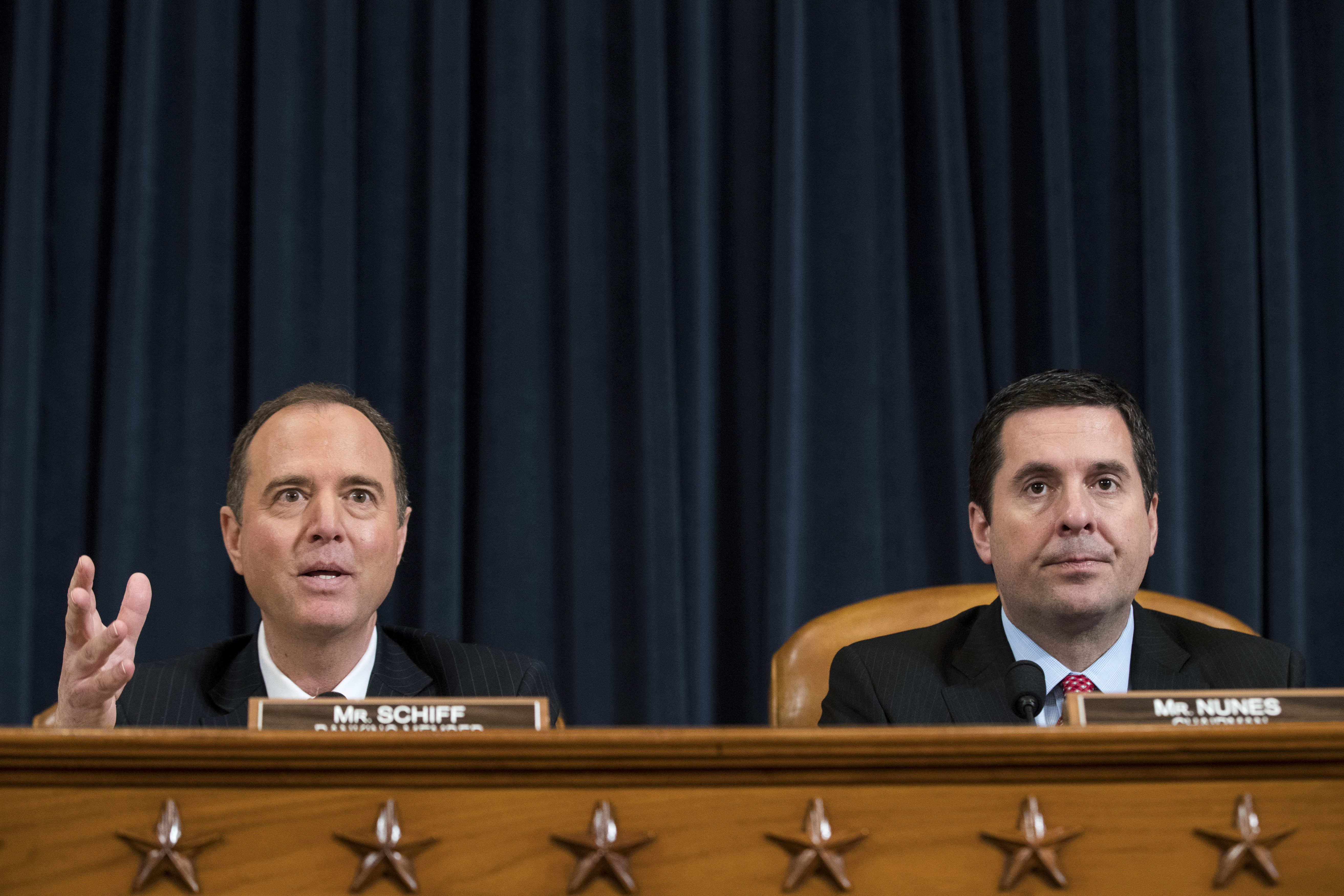 WASHINGTON, DC - MARCH 20: (L to R) Ranking member Rep. Adam Schiff (D-CA) questions witnesses as chairman Rep. Devin Nunes (R-CA) looks on during a House Permanent Select Committee on Intelligence hearing concerning Russian meddling in the 2016 United States election, on Capitol Hill, March 20, 2017 in Washington. While both the Senate and House Intelligence committees have received private intelligence briefings in recent months, Monday's hearing is the first public hearing on alleged Russian attempts to interfere in the 2016 election. (Photo by Drew Angerer/Getty Images)