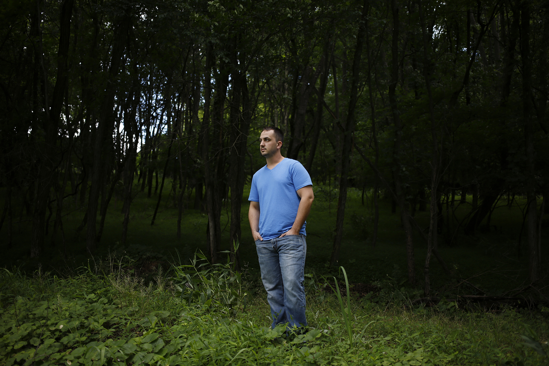 NEW CUMBERLAND, WEST VIRGINIA - JUNE 23, 2018:

Former Weirton Police Officer Stephen Mader stands for a portrait in his backyard on Saturday, June 23, 2018 in New Cumberland, W.Va. Luke Sharrett for ProPublica