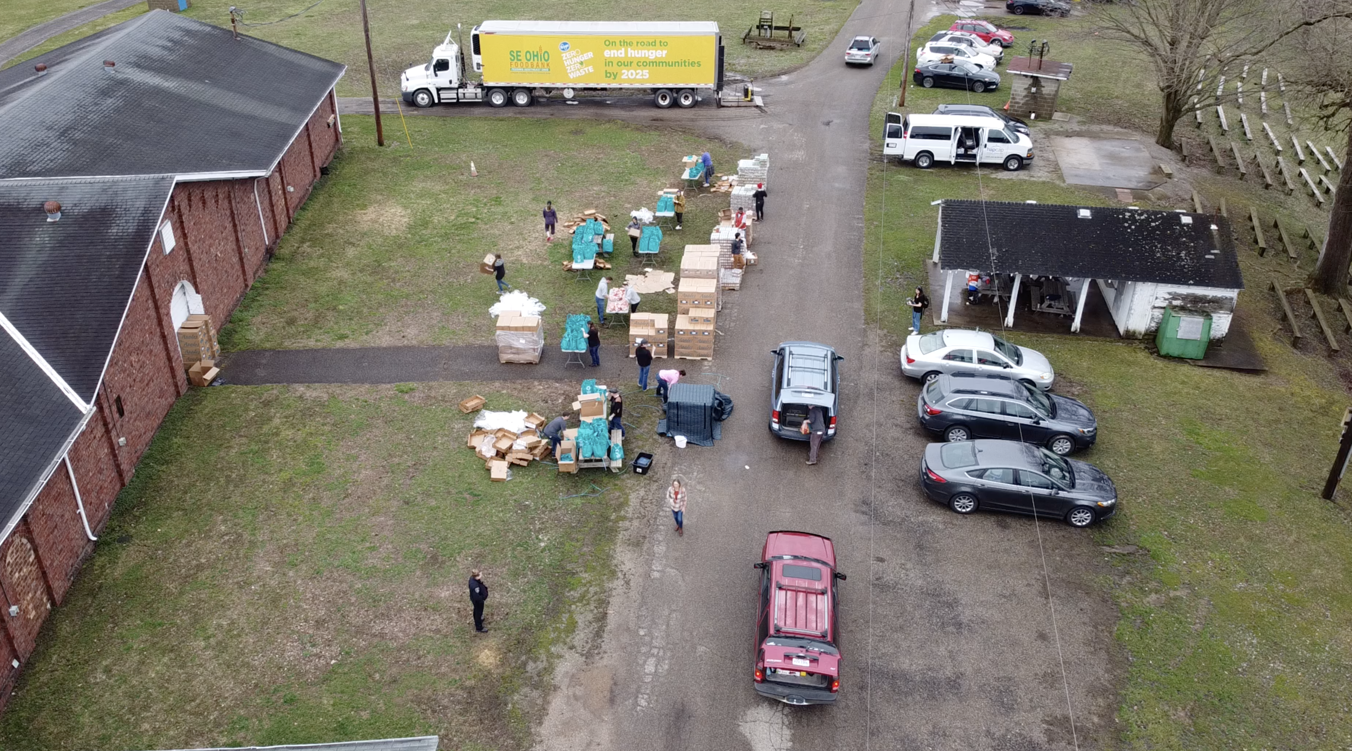 A still of the mobile food pantry at the Athens County Fairgrounds, run by the Southeast Ohio Foodbank.