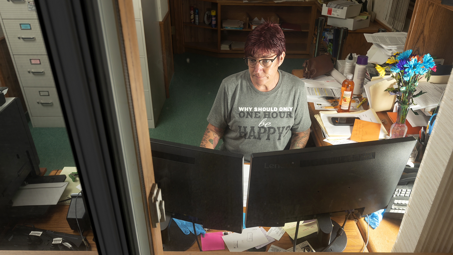 Wendy Smith works on mailing out absentee ballots for the upcoming primary election early in the evening on July 14, 2020 at the Town of Nokomis town hall in southern Oneida County, Wis.