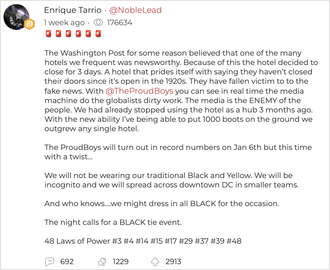 Henry “Enrique” Tarrio’s Parler post in late December.