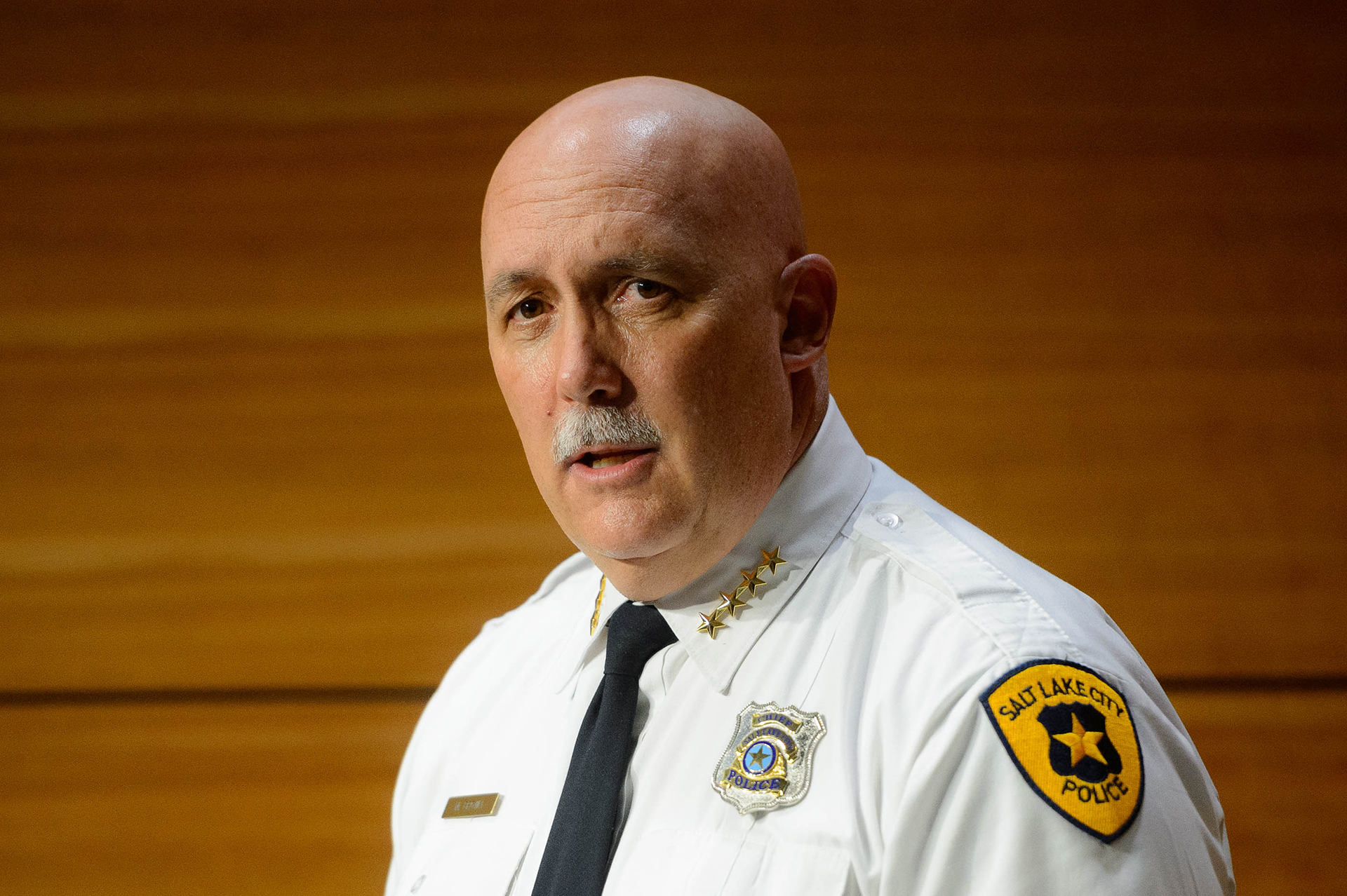 (Trent Nelson  |  The Salt Lake Tribune) Salt Lake City  police chief Mike Brown speaks at a news conference on the release of video showing another police shooting in Salt Lake City,  on Monday, Sept. 21, 2020.