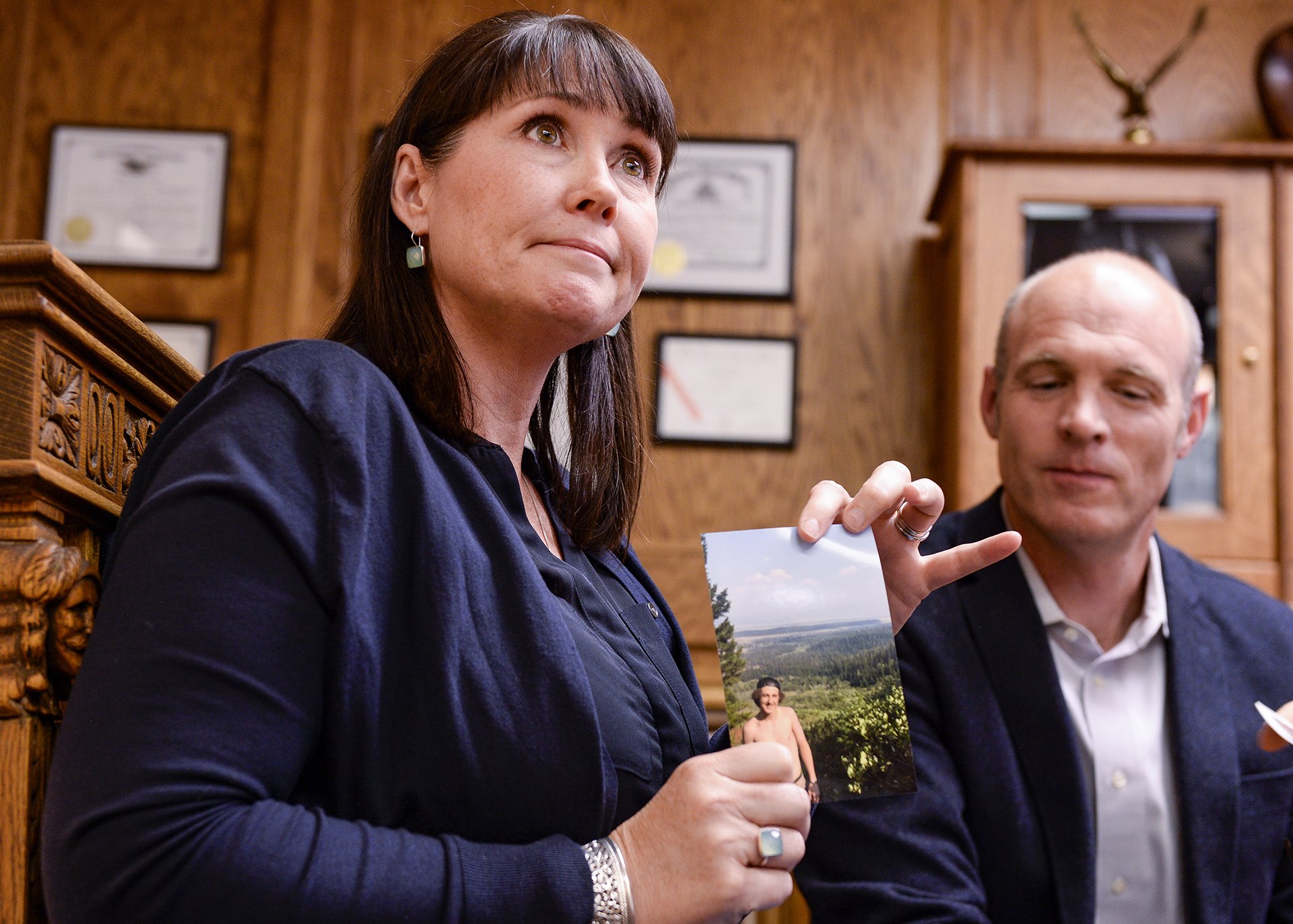 (Leah Hogsten  |  The Salt Lake Tribune)  l-r Tiffany and Aaron James hold a photograph of their son, Zane James Thursday. The James√ï and their attorney Bob Sykes have filed a civil rights complaint, May 16, 2019, alleging excessive force was used by Cottonwood Heights Police Department officer in the fatal shooting of their son, 19-year-old Zane James on May 29, 2018.