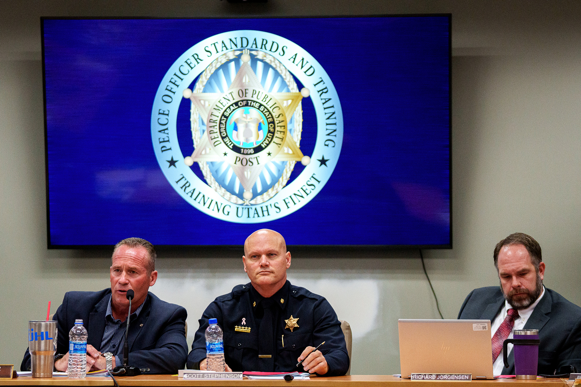 Wade Carpenter, Scott Stephenson, and Richard Jorgensen at the POST Council meeting in Sandy on June 22, 2021.