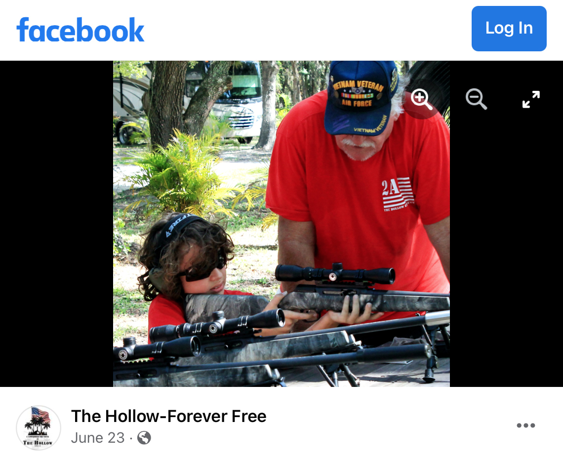 In this photo posted by The Hollow on Facebook in June 2022, a child participates in a free shooting class at the unpermitted gun range adjacent to The Hollow in Venice, Fla. The gun range has hosted groups as large as 40 and has offered free shooting lessons to children as young as six.