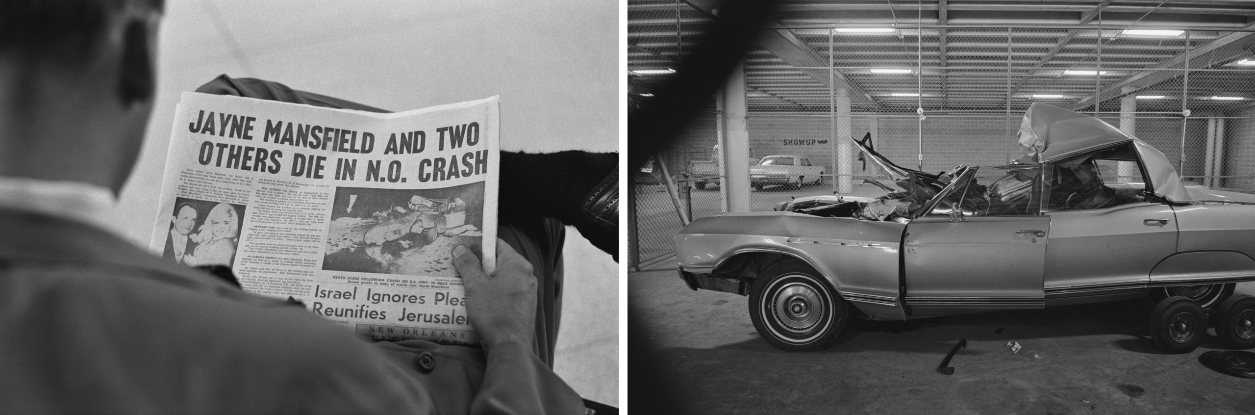 The 1966 Buick Electra 225 in which American actress Jayne Mansfield was killed outside New Orleans the previous day, USA, 30th June 1967. Mansfield's attorney Sam Brody and driver Ronnie Harrison were also killed. (Photo by Robert Simmons/Pix/Michael Ochs Archives/Getty Images)