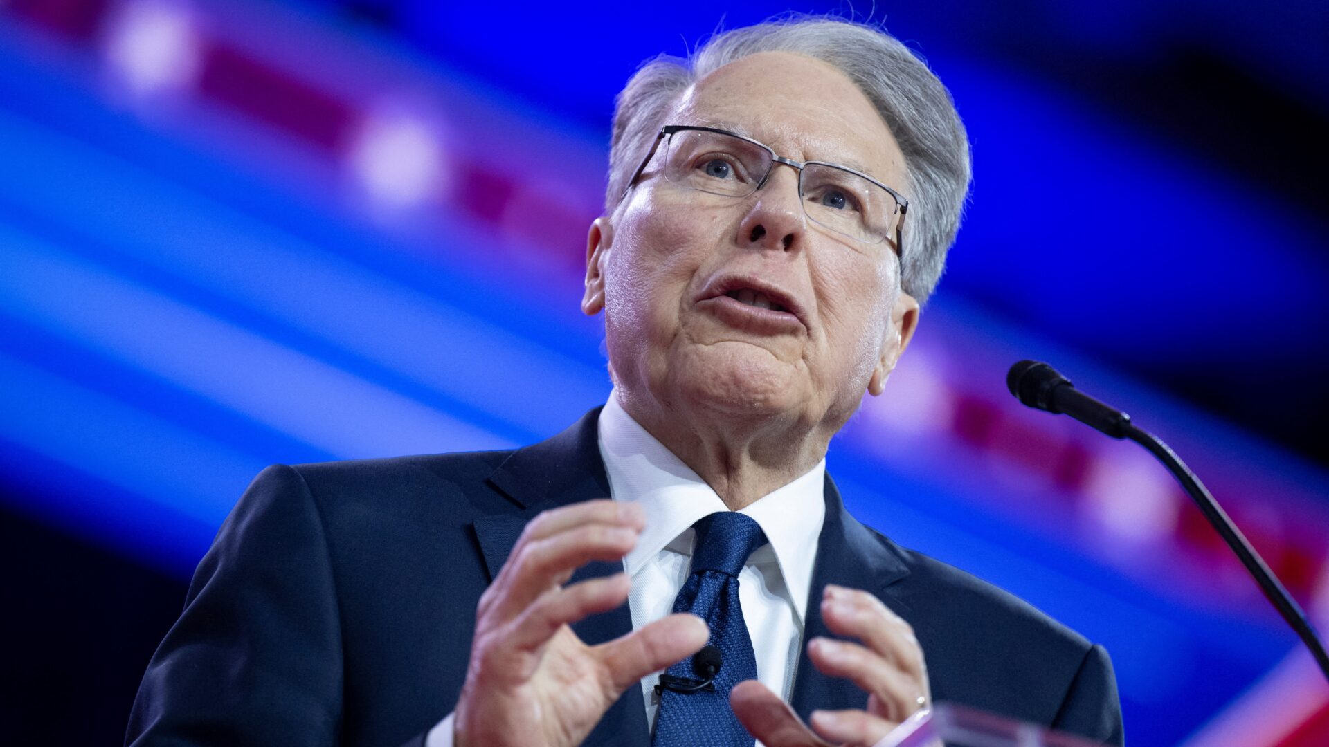 Wayne LaPierre, pictured speaking during the 2023 Conservative Political Action Coalition (CPAC) Conference in National Harbor, Maryland, on March 3, 2023. (Photo by Brendan Smialowski / AFP via Getty Images)