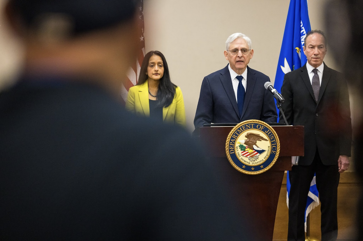 Caption: U.S. Attorney General Merrick Garland speaks on Thursday at a press conference about a Department of Justice report detailing failures in the law enforcement response to the 2022 school shooting in Uvalde, Texas. (Chris Stokes for The Texas Tribune)