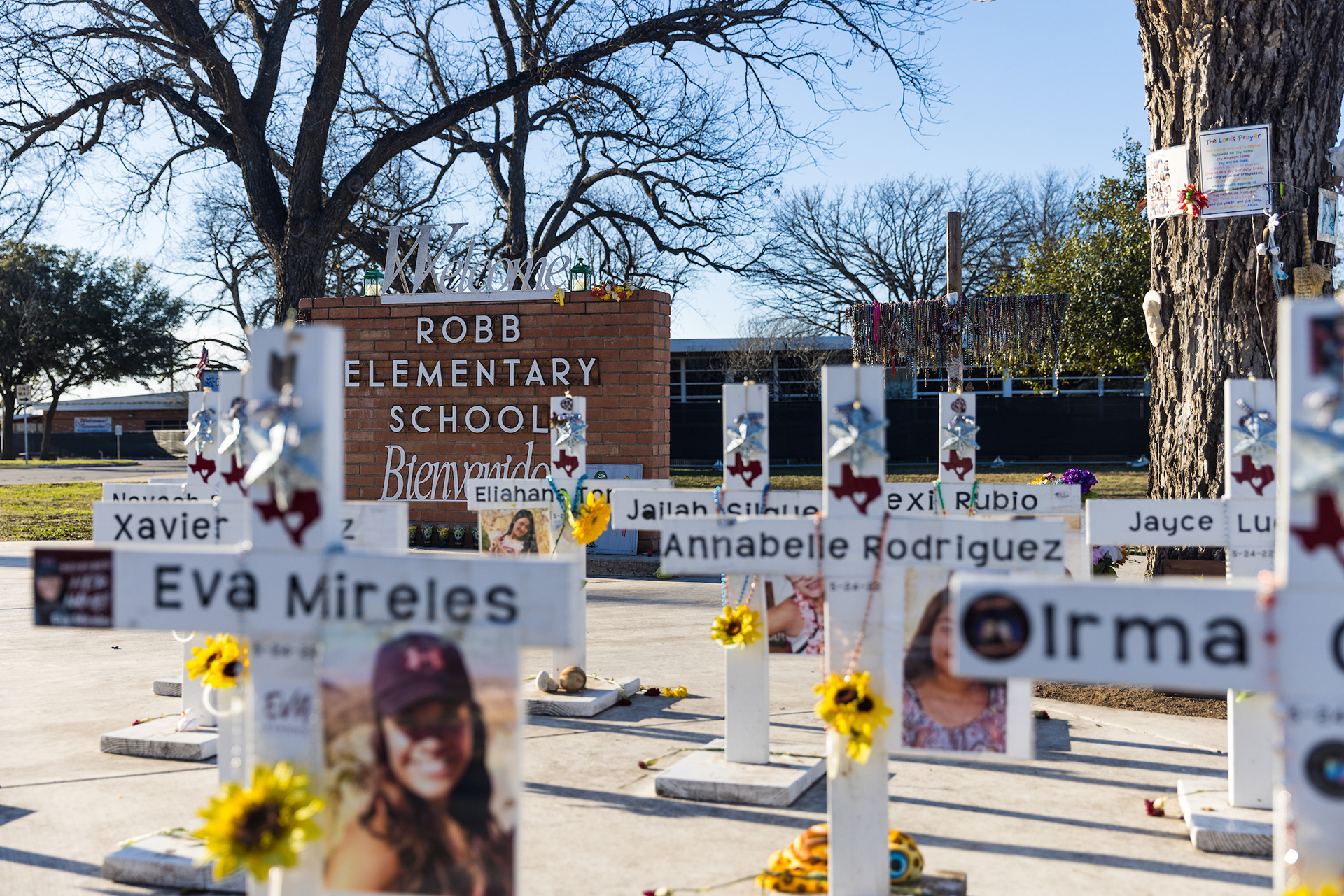 Memorial crosses outside Robb Elementary in Uvalde on Jan. 18, 2024.