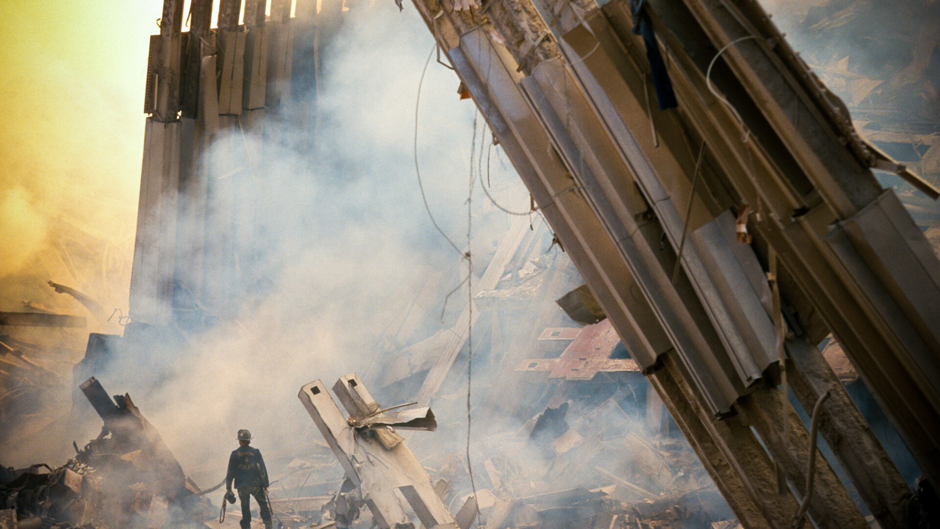 The rubble of the World Trade Center smolders following a terrorist attack Sept. 11, 2001, in New York City.