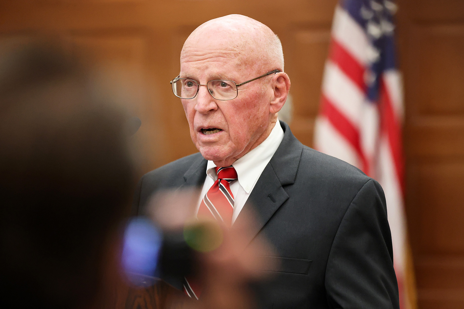 Dan Wathen, former chief justice of the Maine Supreme Judicial Court and chair of the state commission tasked with investigating the Lewiston mass shooting, speaks about the group’s final report. Ben McCanna/Portland Press Herald