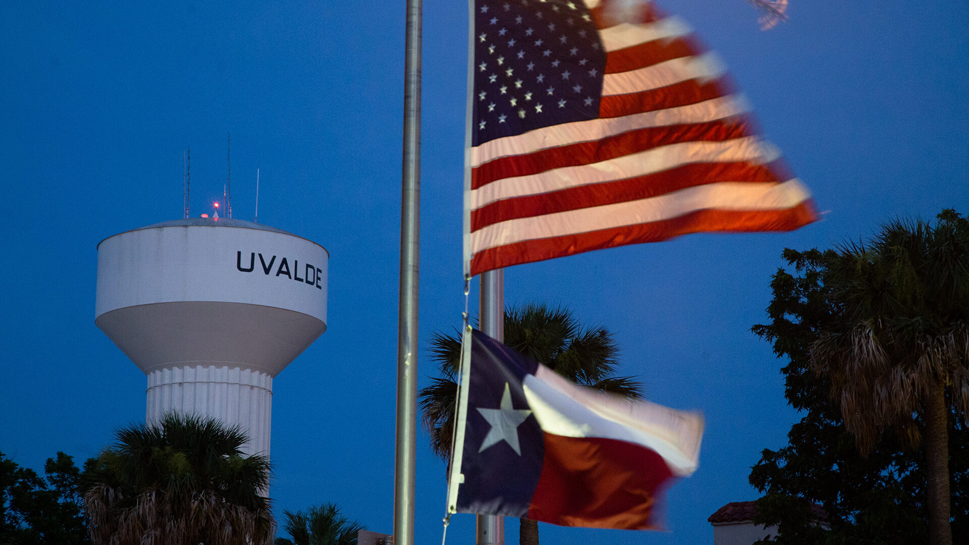 Flags at half-staff in Uvalde, Texas, four days after the 2022 shooting at Robb Elementary School.