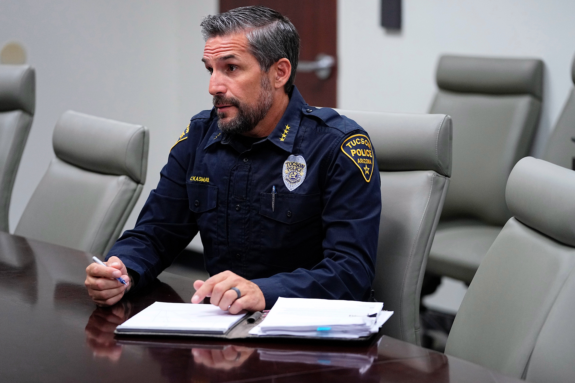 Tucson Police Chief Chad Kasmar, shown at police headquarters in Tucson, Ariz., on Oct. 4, 2023, has focused on rebuilding trust in his department since the 2020 deaths of Carlos Adrian Ingram Lopez and Damien Alvarado. (AP Photo/Matt York)