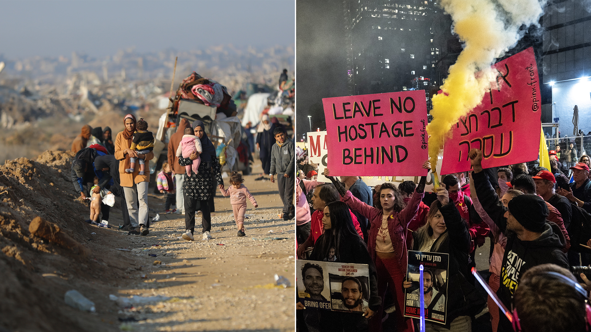 Left: Thousands of Palestinians displaced by Israel continue to return to their lands in north Gaza on Jan. 29, 2025. Right: Relatives of Israeli hostages and supporters demand the Israeli government adhere to the ceasefire in Tel Aviv, Israel, on Jan. 25, 2025.