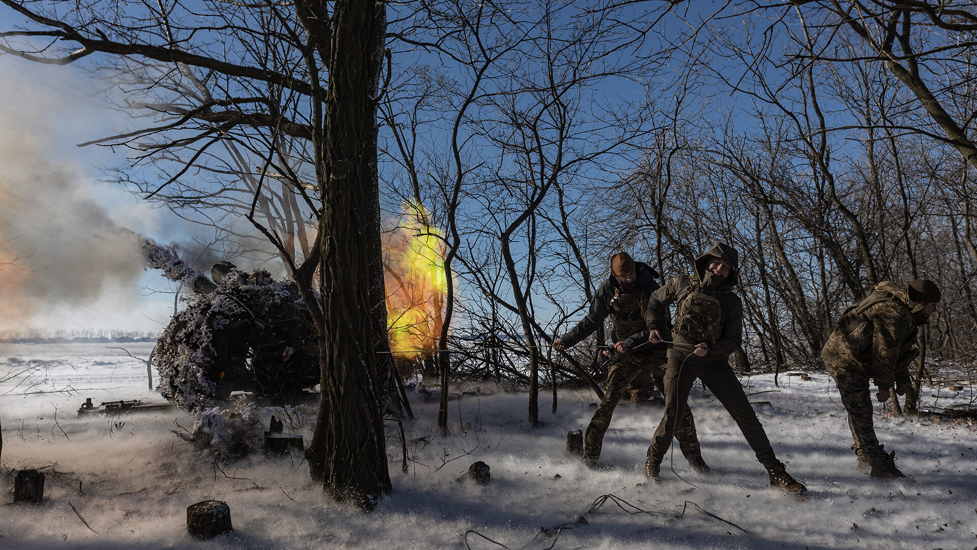 DONETSK OBLAST, UKRAINE - FEBRUARY 17: Ukrainian soldiers of the 117th Brigade fire D-30 artillery, in the direction of Pokrovsk, Ukraine, on February 17, 2025. (Photo by Diego Herrera Carcedo/Anadolu via Getty Images)
