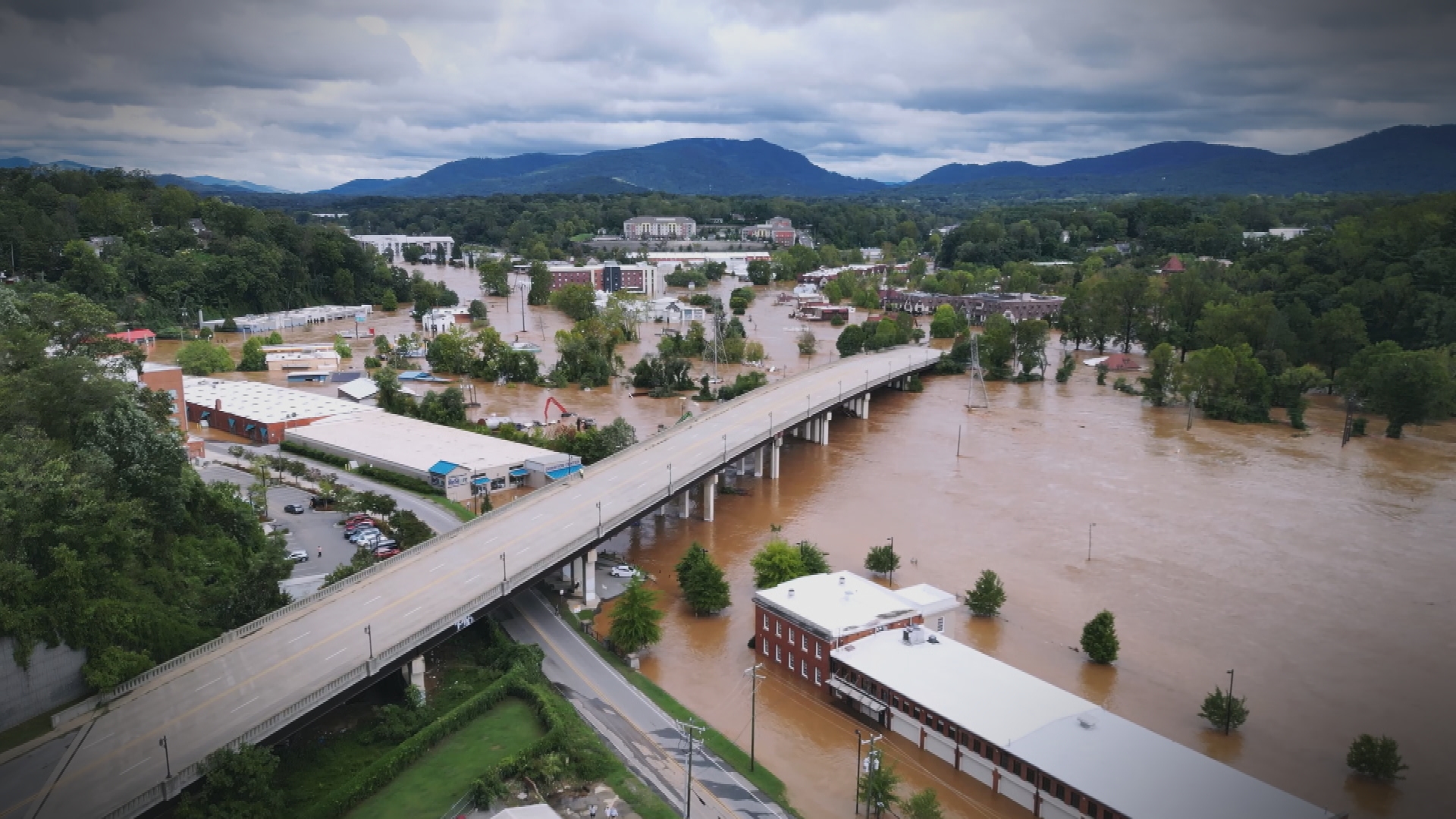 A still from FRONTLINE and NPR's documentary 'Hurricane Helene's Deadly Warning,' showing the storm's destruction in North Carolina.