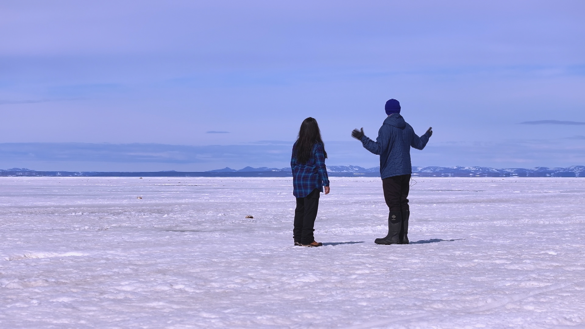 A still from "Alaska’s Vanishing Native Villages," a documentary from FRONTLINE and Howard Center for Investigative Journalism at Arizona State University, that shows director Patty Talahongva (L) with Alex Whiting of Native Village of Kotzebue.