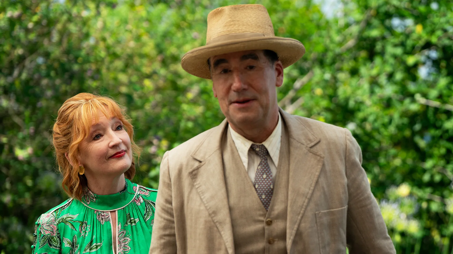 Lesley Manville as Susan Ryeland; Tim McMullan as Atticus Pünd in Marble Hall Murders on MASTERPIECE on PBS