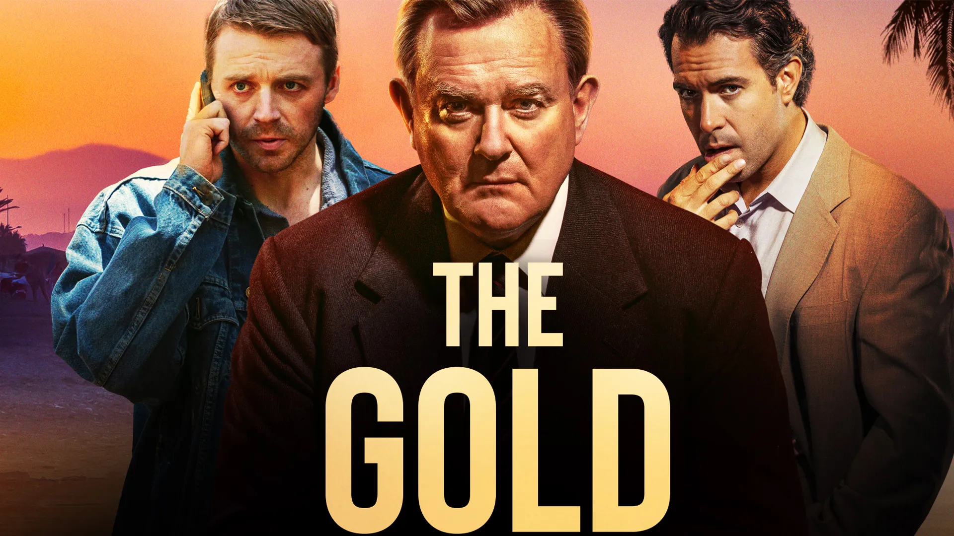(Left to right) actors Jack Lowden, Hugh Bonneville, and Tom Cullen in the banner art for The Gold Season 2 as seen on PBS MASTERPIECE.
