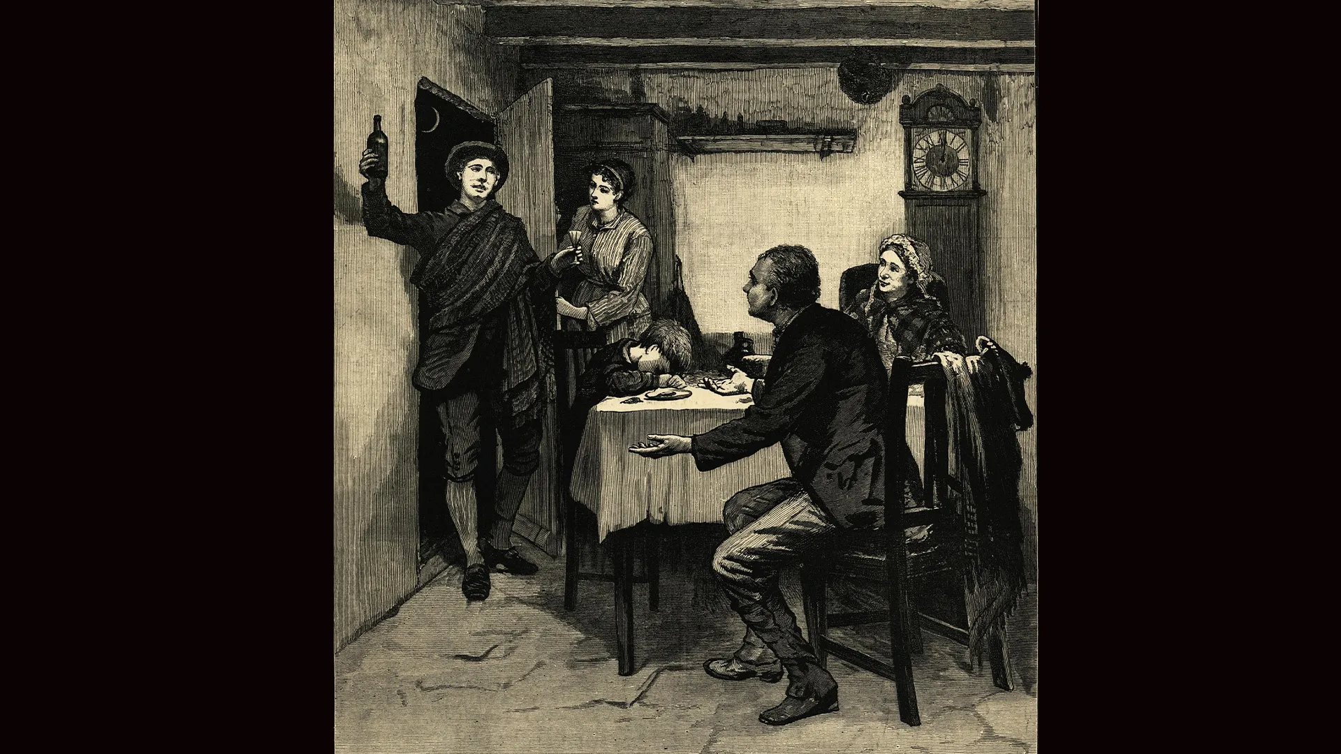 Black and white etching from 1882 depicting "The first foot," a Scottish custom on New Year's Eve