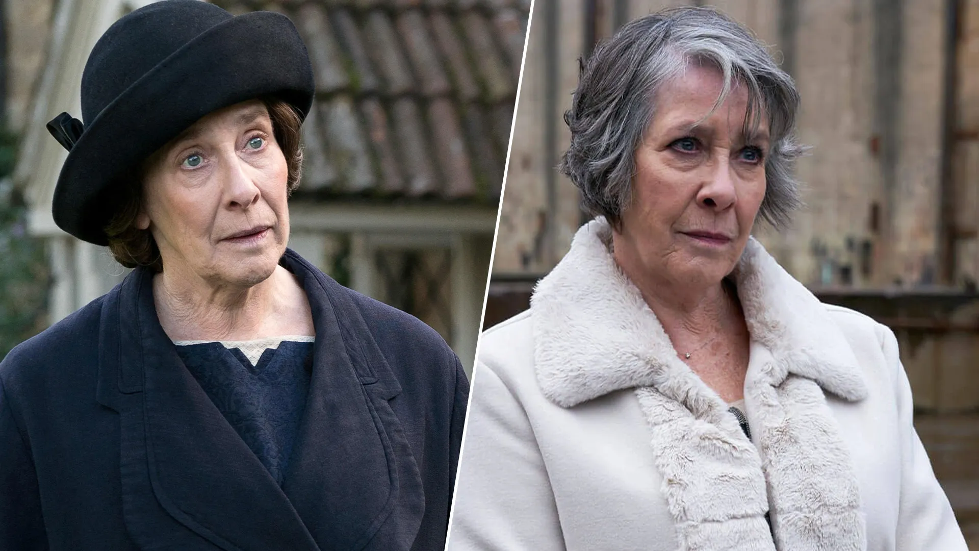Paired color image of British actress Phyllis Logan in two different MASTERPIECE roles: Downton Abbey's Mrs Hughes (left) and Guilt's Maggie Lynch (right).