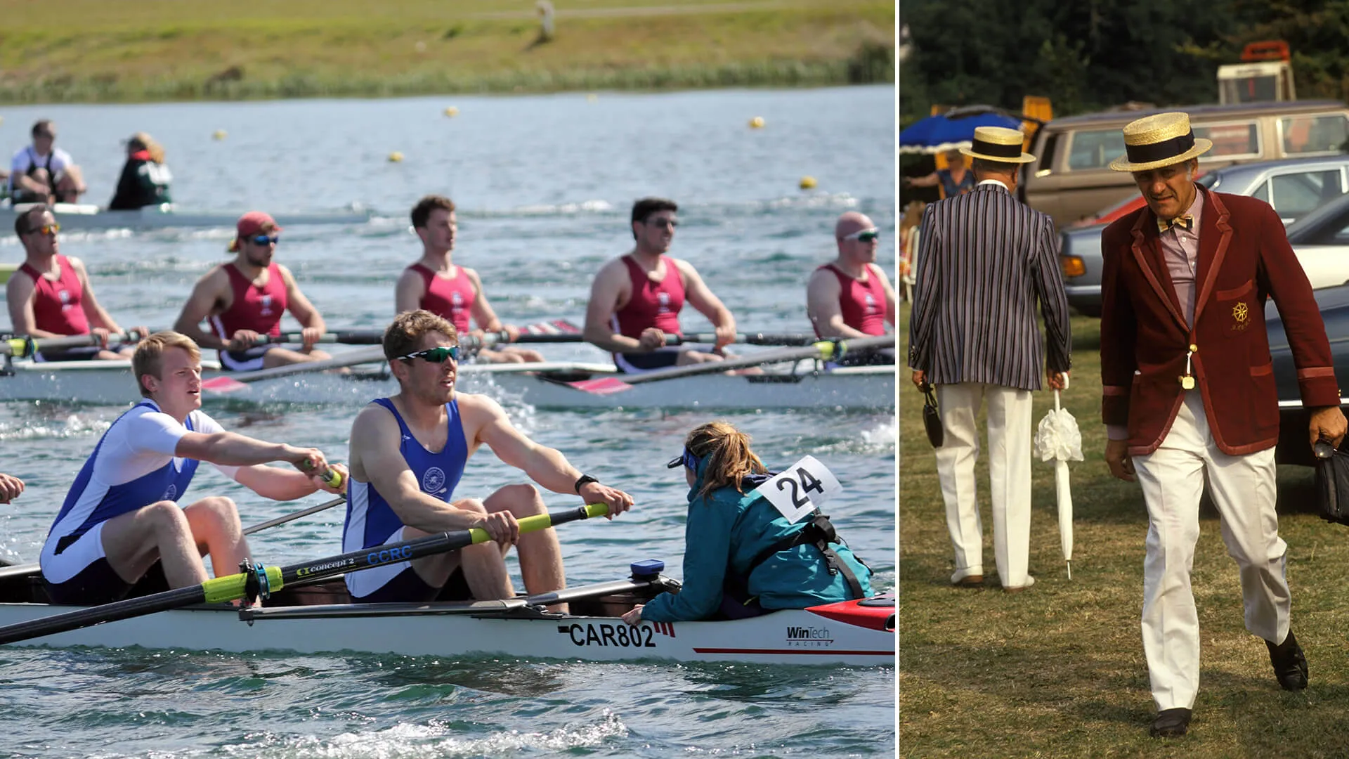 Crew competition on Dorney Lake (left); spectators in boaters (right).
