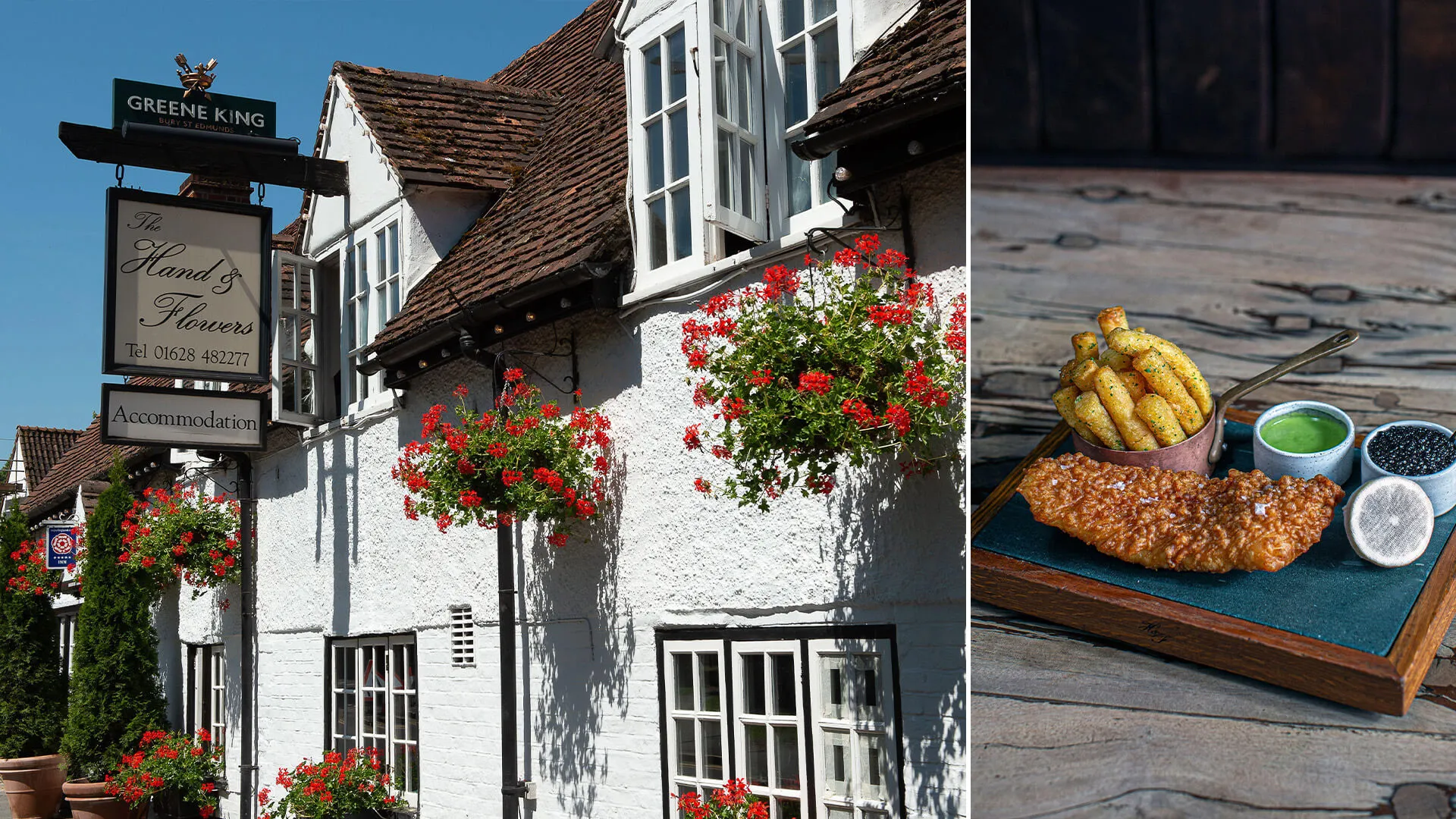Exterior of The Hand & Flowers pub in Marlow, UK (left) and luxury fish and chips (right).