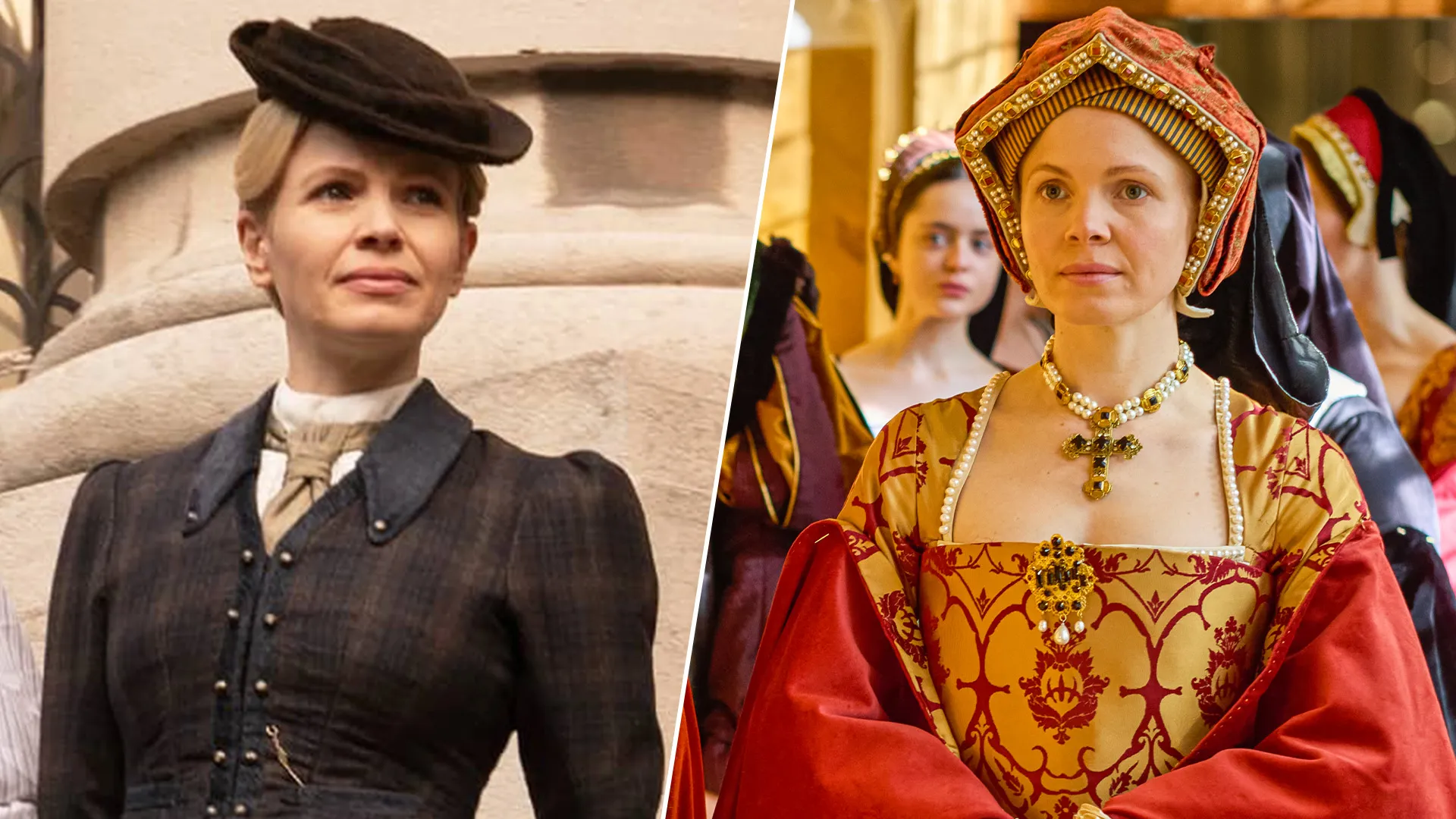 Actor Kate Phillips in two separate roles for MASTERPIECE on PBS: As Miss Scarlet's Eliza Scarlet (left) and Wolf Hall The Mirror and the Light's Jane Seymour.