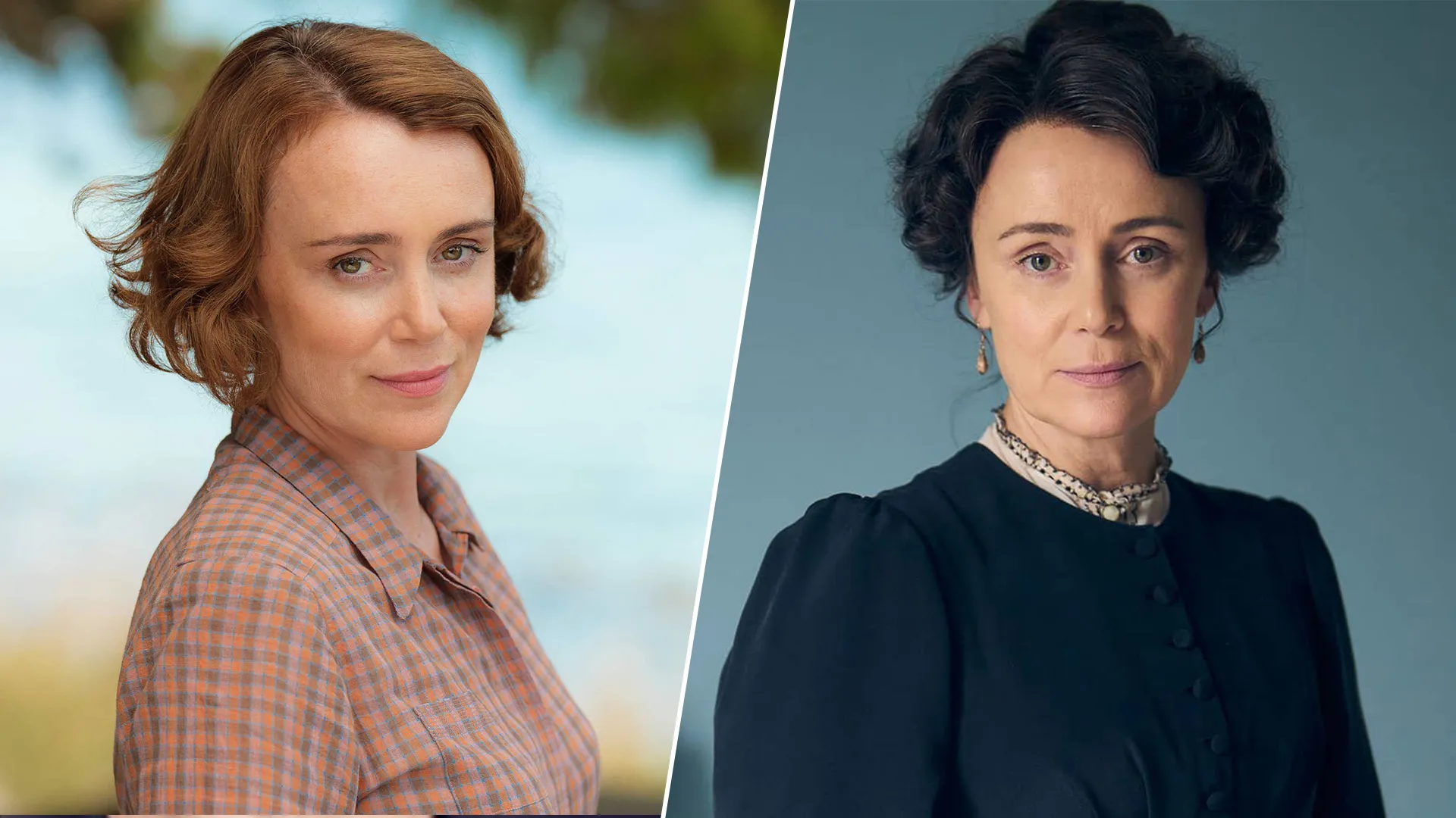 British actor Keeley Hawes in two different PBS MASTERPIECE roles: Louise Durrell from The Durrells in Corfu (left) and Cassandra Austen in Miss Austen.
