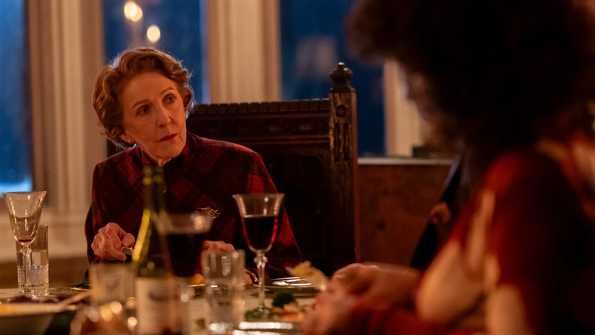 Patricia Hodge as Miriam Crace/Lady Margaret Chalfont; Yasmine Al Massri as Leilah Crace/Lola Chalfont in Marble Hall Murders on MASTERPIECE on PBS