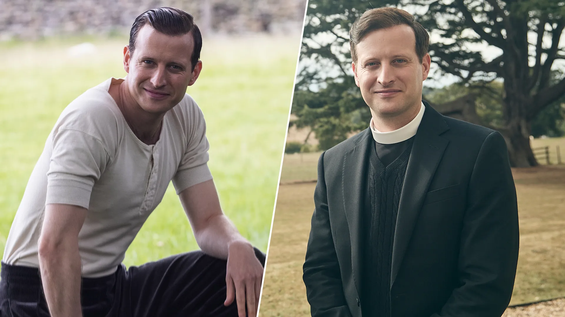 Actor Nicholas Ralph in two very different roles for MASTERPIECE on PBS: As James Herriot in All Creatures Great and Small (left) and as a murdering missionary on Grantchester Season 11.