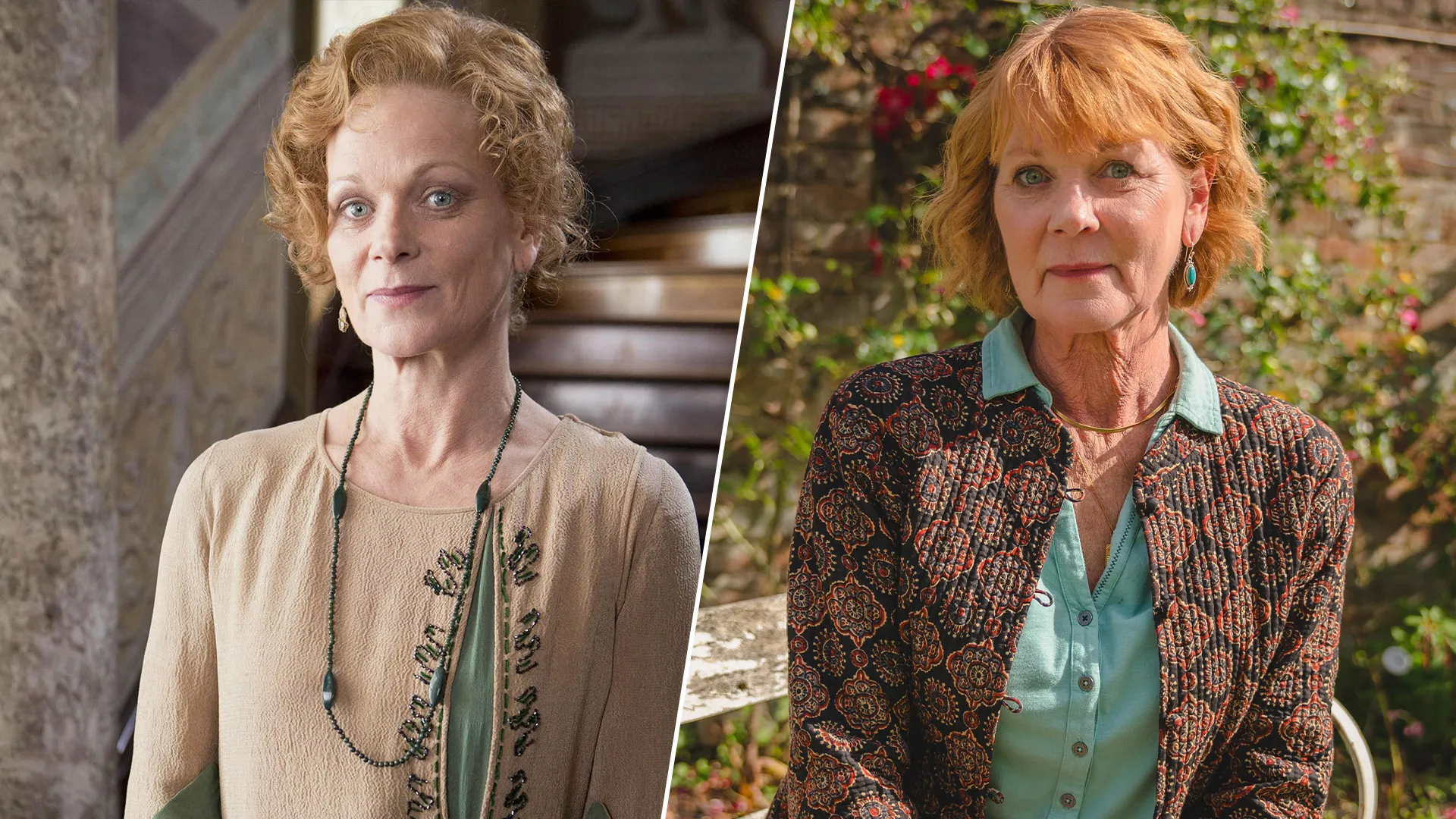 Paired image of actor Samantha Bond in two roles--Lady Rosamund from Downtown Abbey on the left, Judith Potts from The Marlow Murder Club on the righ.