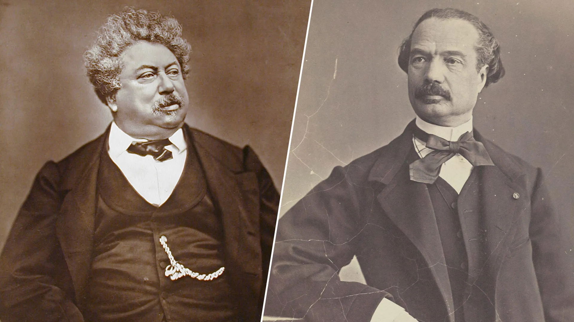 Split image of author Alexandre Dumas (left) and his frequent collaborator, Auguste Maquet (right).