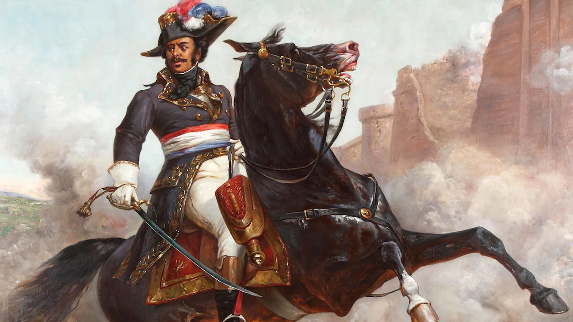 Painting of French Revolutionary war hero General Thoams-Alexandre Dumas in uniform and on horseback.