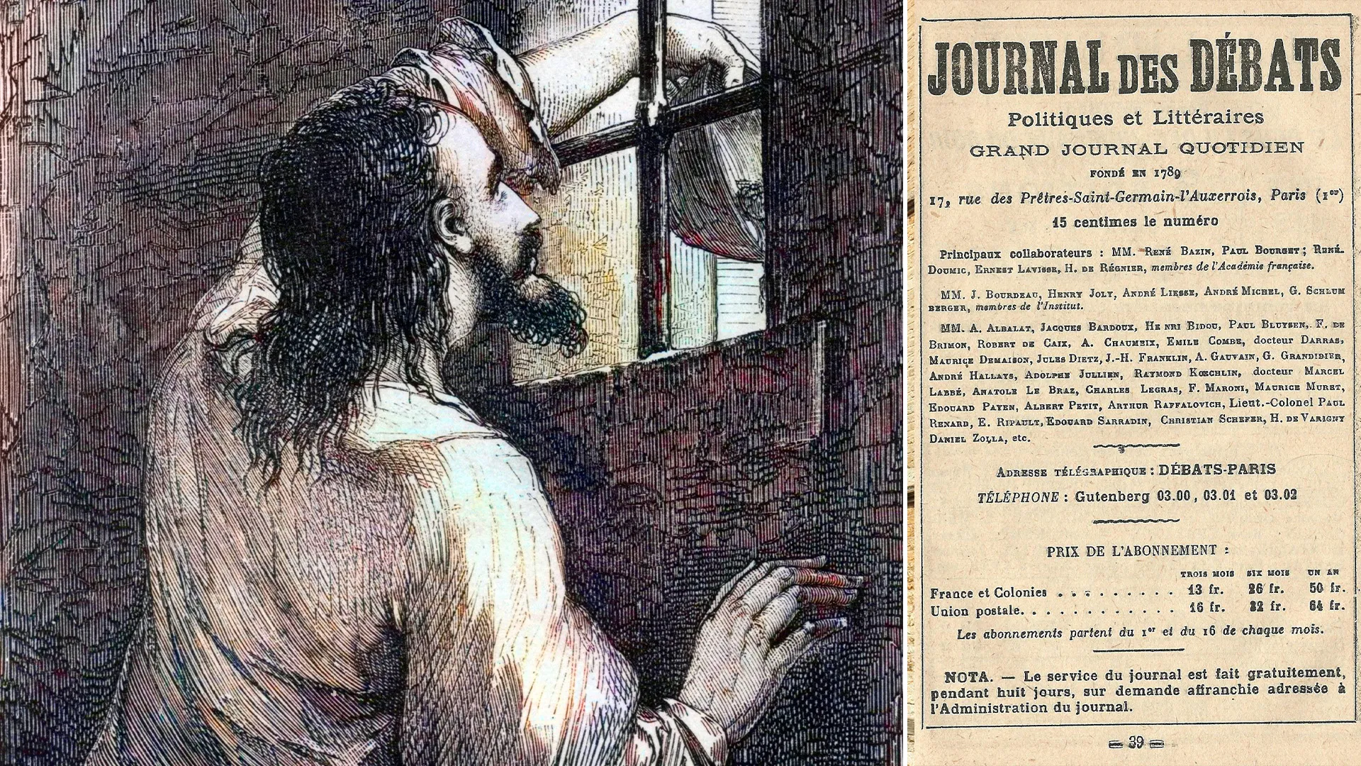 Split image of a sketch of Edmond Dantès in prison (left) and a photo of Alexandre Dumas, author of The Count of Monte Cristo (right).